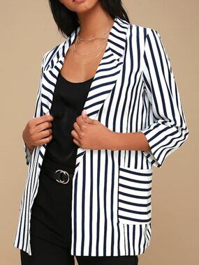 Lulus Ralston Blue And White Striped Satin Blazer - Size Small